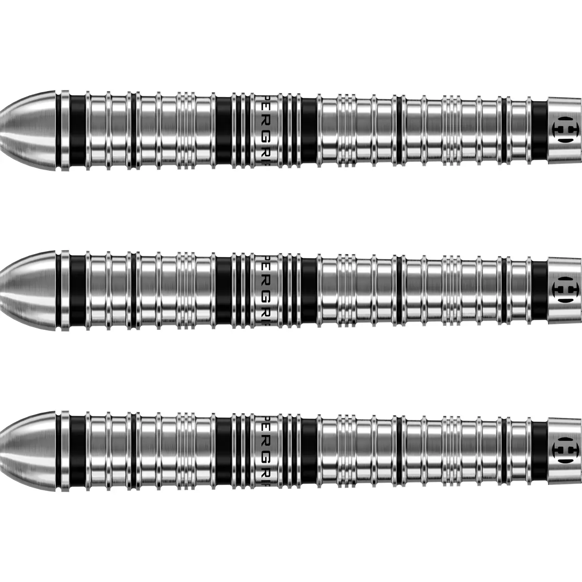 Harrows Supergrip Quick Point Steeldarts – Barrelstruktur und Grip-Zonen Barrel-Details der Harrows Supergrip Quick Point Steeldarts mit tiefem Ringgrip und Supergrip-Schriftzug