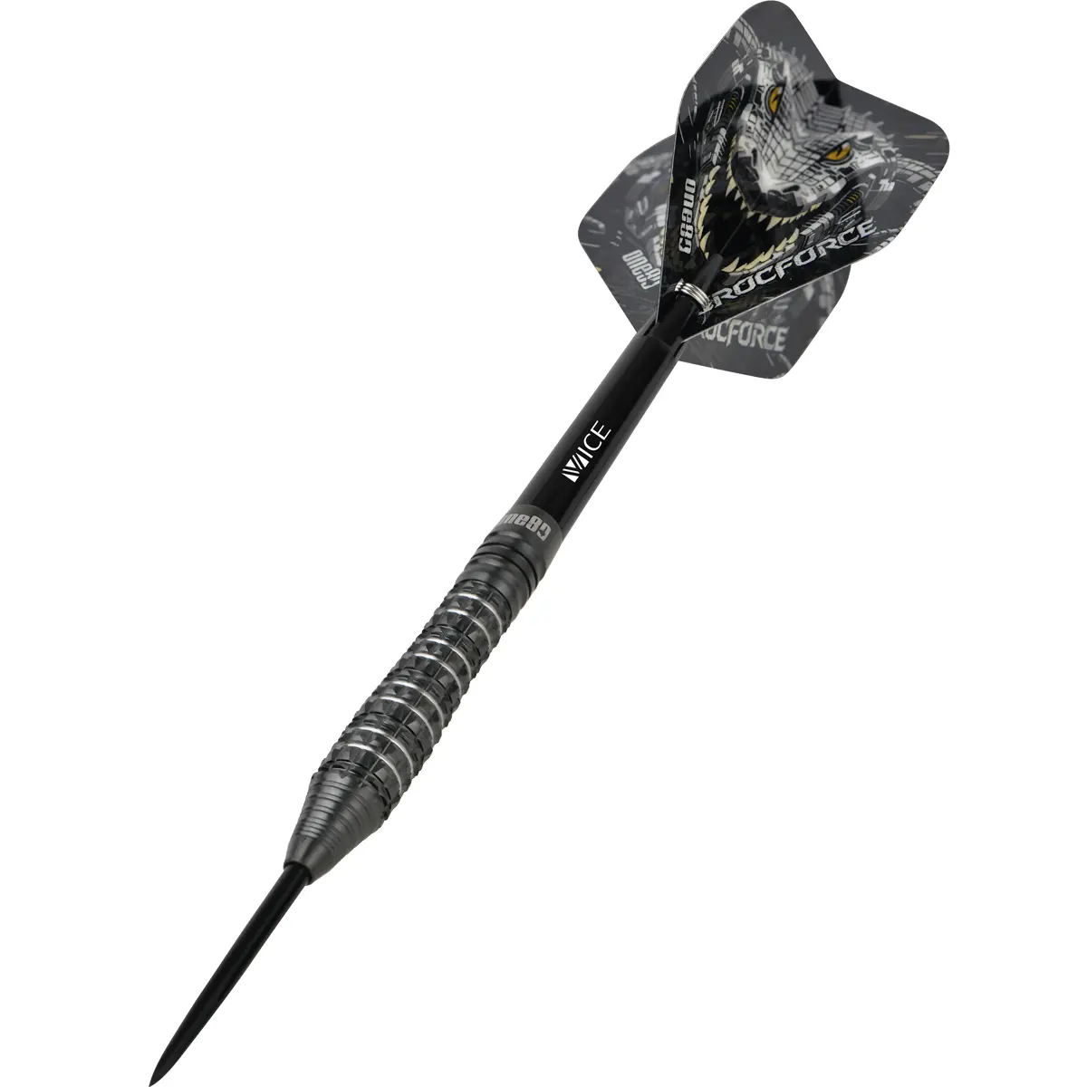 One80 Crocforce CF3 Steeldart in dynamischer Perspektive mit schwarzer Spitze und aggressivem Grip