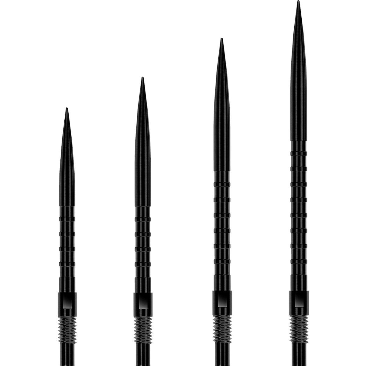 Längenvergleich der schwarzen Harrows Quick Point Heavy Metal Dartspitzen in 26, 30, 35 und 40 mm