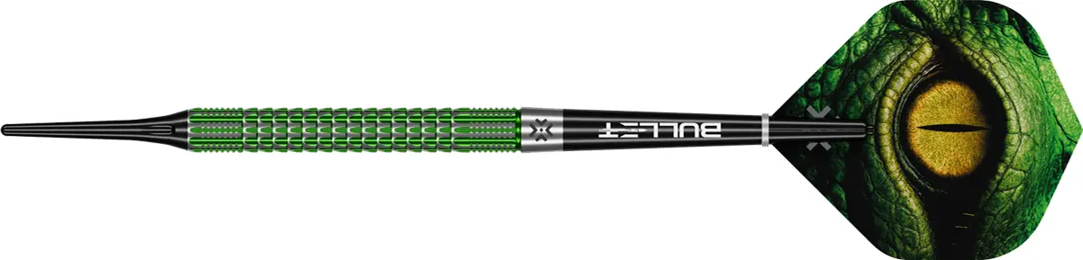 Bullet Gator Softdart in Seitenansicht mit grünem Gator-Scale-Grip und schwarzer Softspitze