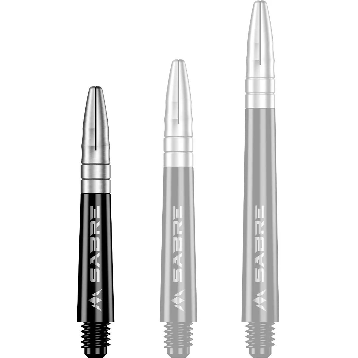 Mission Sabre Dart-Schaft in Schwarz-Silber, Größe Short. Kurzer Hybrid-Shaft mit silbernem Alu-Aufsatz für festen Flight-Sitz und edle Optik.
