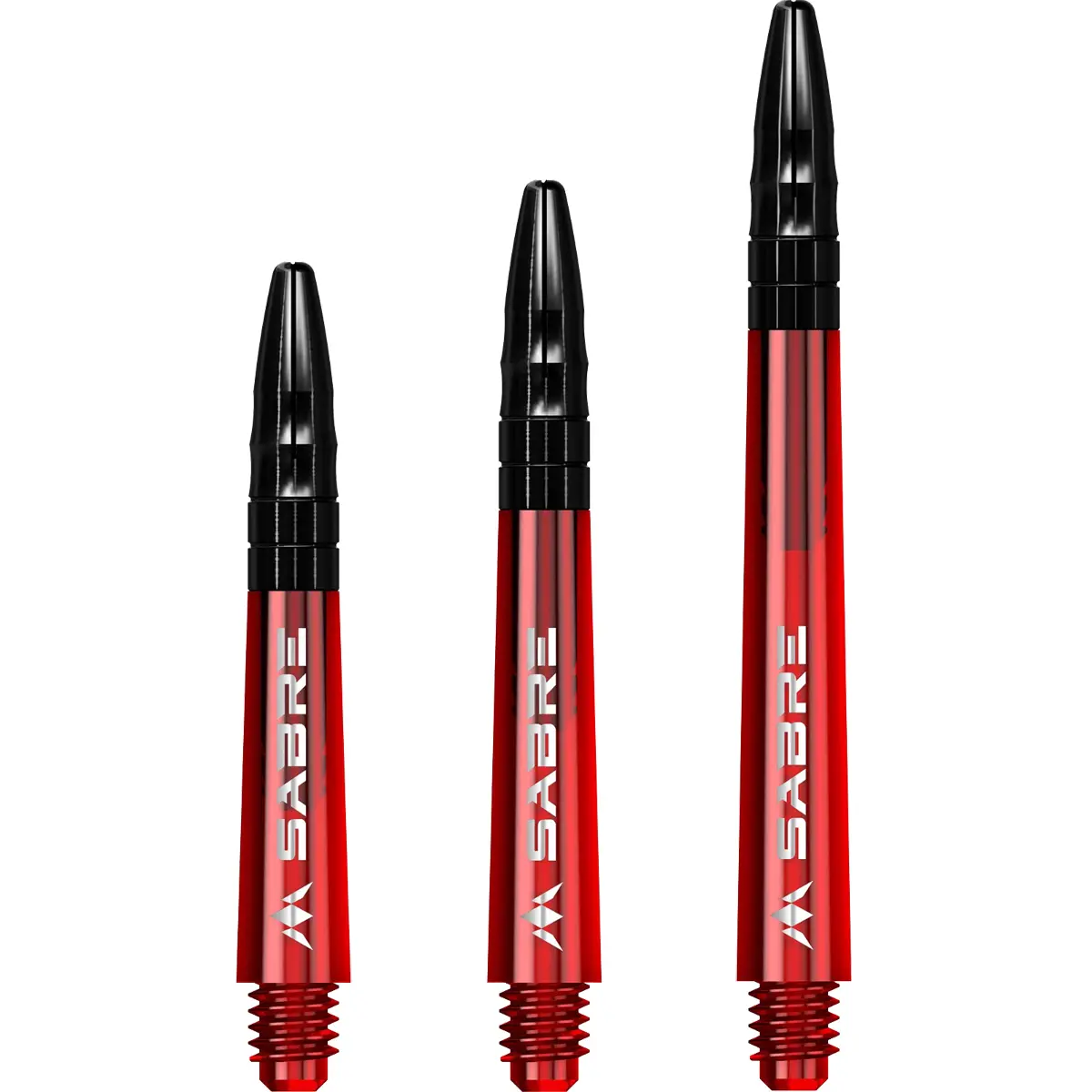 Mission Sabre Dart Shafts in Rot-Schwarz. Set-Ansicht der drei Längen Short, Midi und Medium. Hybrid-Konstruktion für maximale Haltbarkeit.