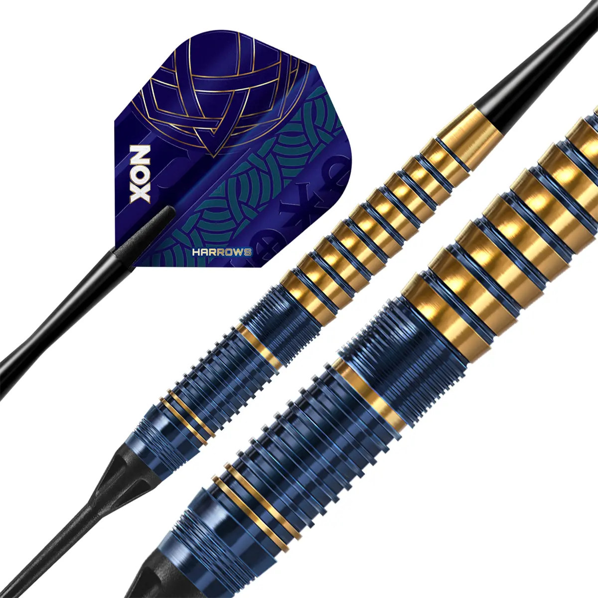 Harrows Nox Softdarts in dynamischer Ansicht – perfekte Balance mit Speedline Shafts und 100 Micron Flights.