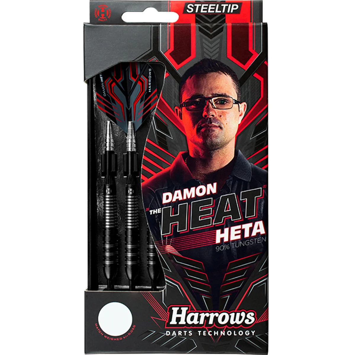 Harrows Damon Heta Black Steeldarts 90% Tungsten in der originalen Verpackung mit schwarzem und rotem Design