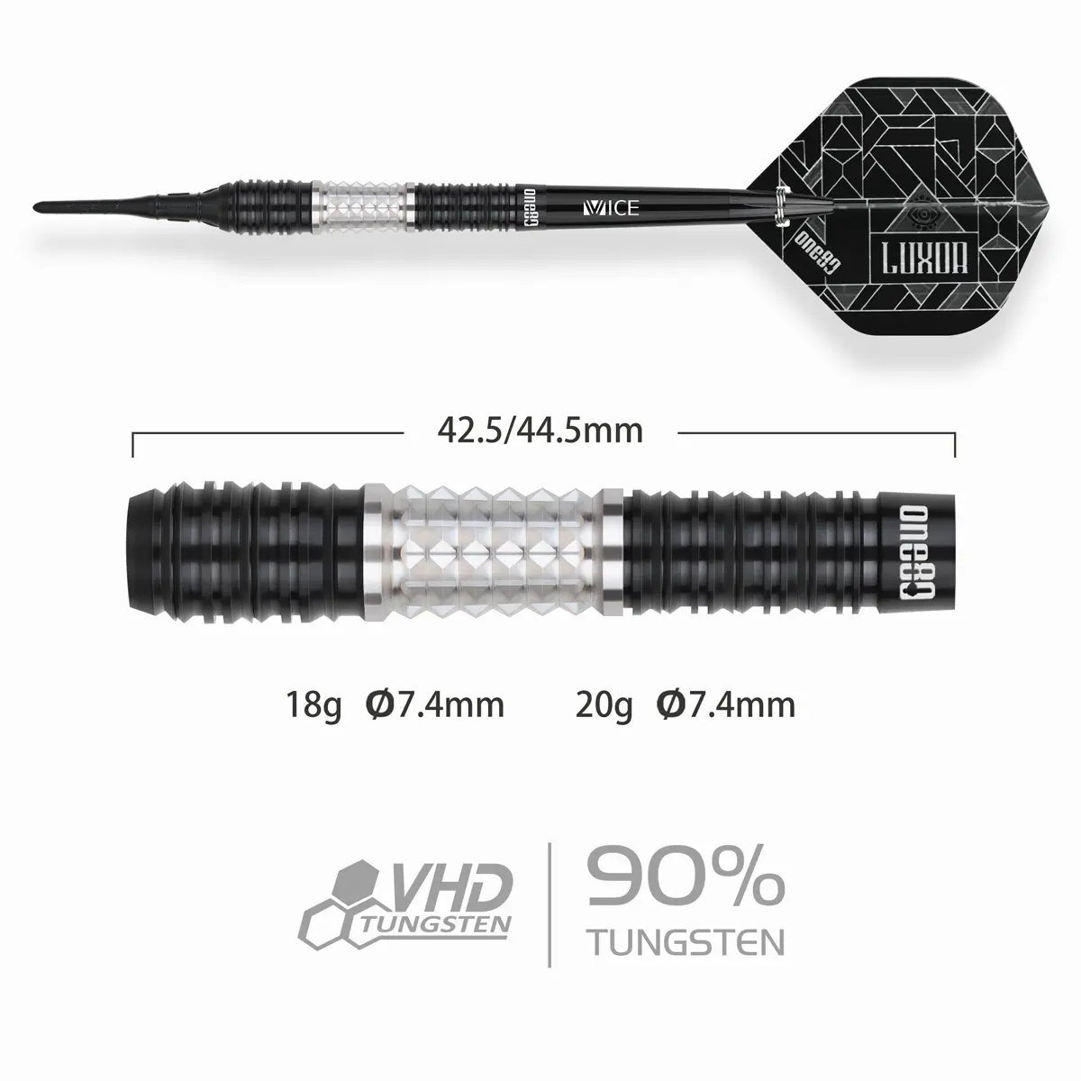 One80 Luxor II Eta Softdarts Barrel Detailaufnahme – Diamond-Grip One80 Luxor II Eta Softdarts Barrel Details – präzise Fräsung mit Diamond-Grip und schwarzen Endzonen
