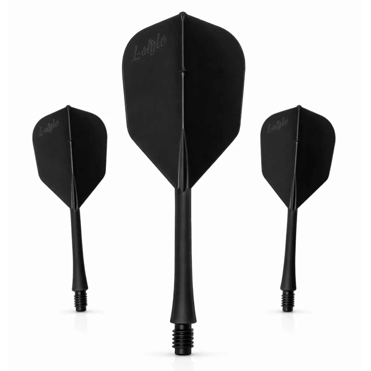 Freigestellte Ansicht von drei L-style BarFlight 2BA All-in-One Dart-Systemen in Schwarz. Dargestellt sind die fest verbundene L3 Shape Flight-Shaft-Kombination und das eingeprägte L-style Logo auf den Flights.
