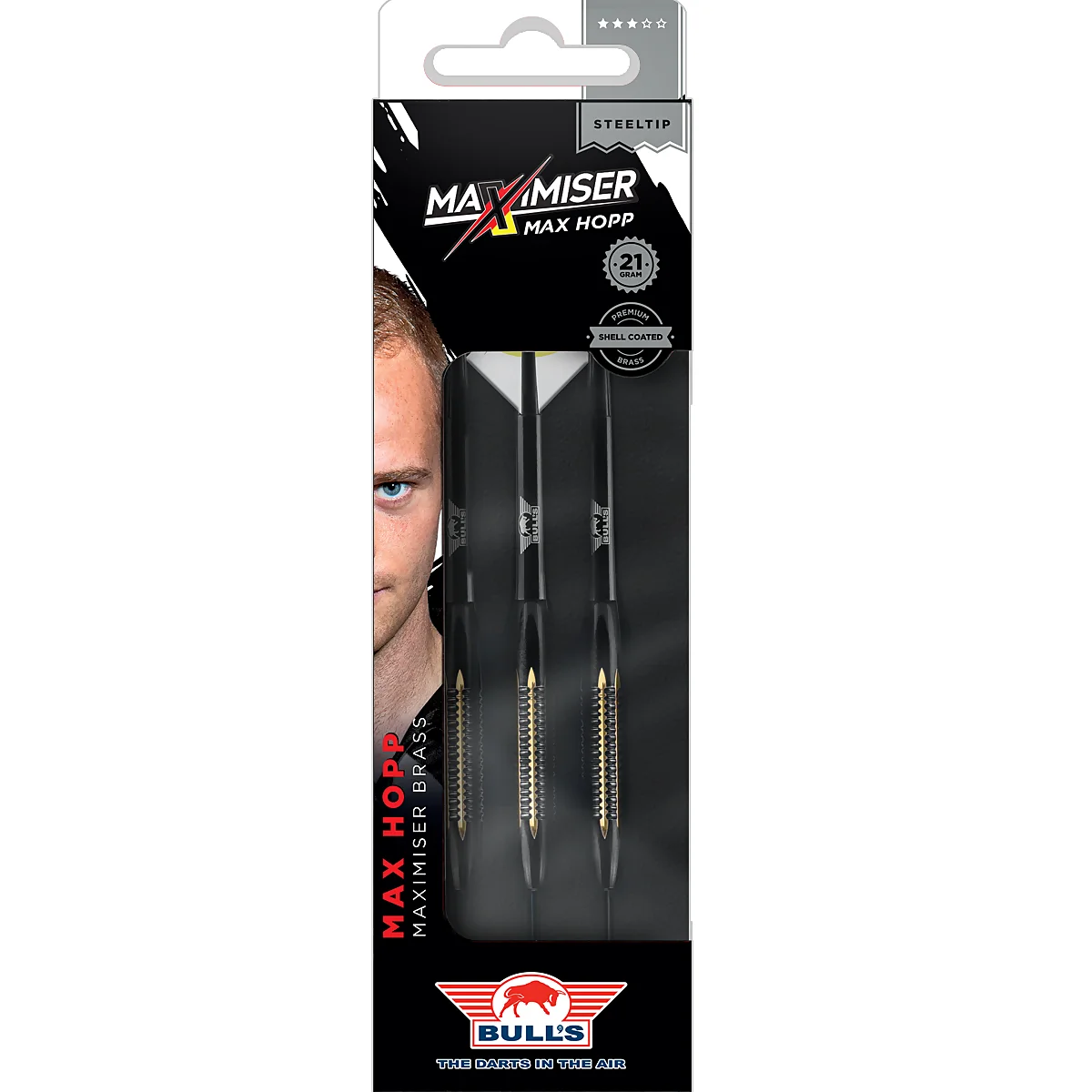 Bull’s NL Max Hopp Brass Steeldarts 21 g – Verpackung mit Ringed- und Axial-Grip