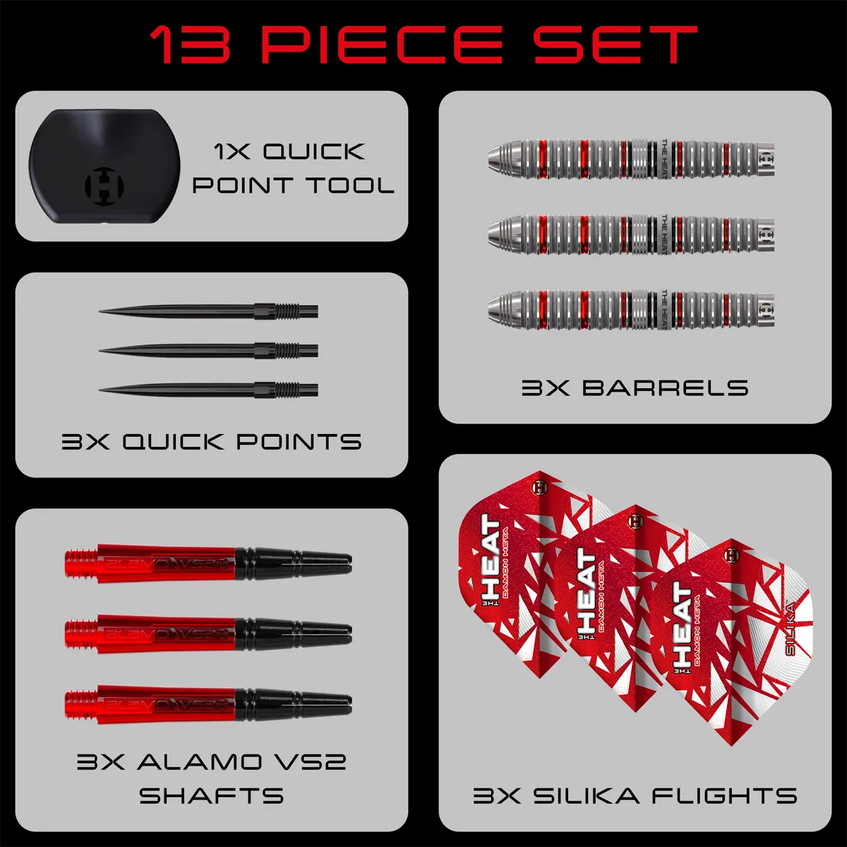 Harrows Damon Heta Series 4 Quick Point Steeldarts – kompletter Lieferumfang mit Quick Point Tool, Alamo VS2 Shafts und Silika Flights