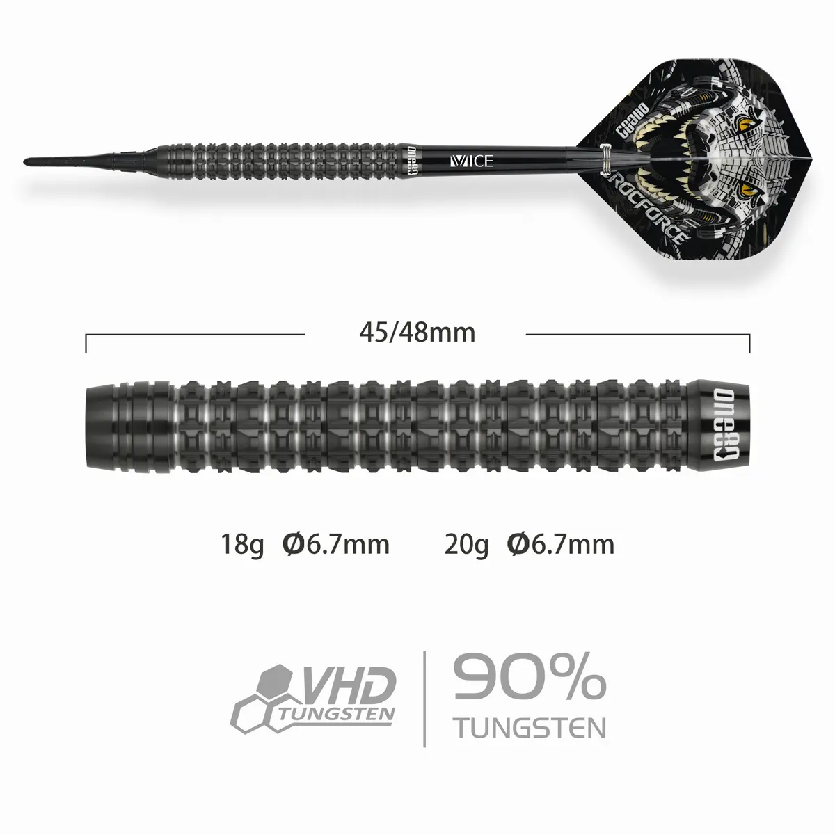 One80 Crocforce CF1 Softdarts Barrel Details – Maße 18 g (45 mm, Ø 6,7 mm) und 20 g (48 mm, Ø 6,7 mm)