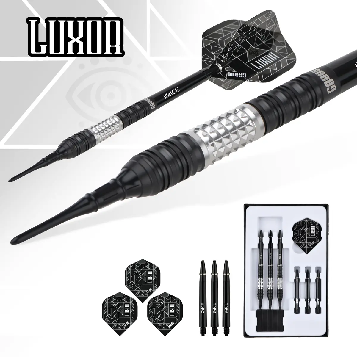 One80 Luxor II Eta Softdarts komplett mit Zubehör – 3 Darts, Flights, Shafts und Ersatzteile