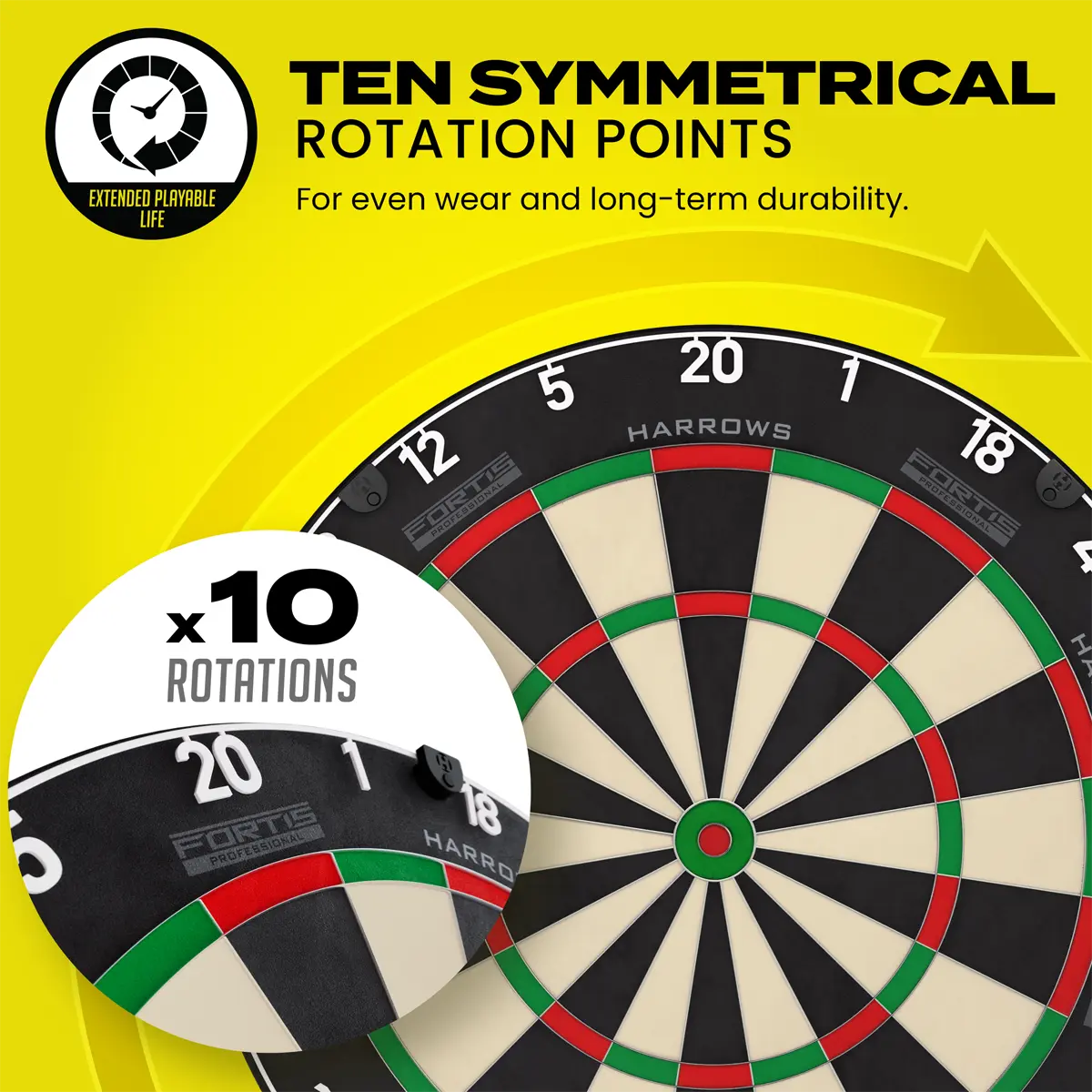 Harrows Fortis Dartscheibe mit zehn symmetrischen Rotationspunkten für gleichmäßigen Verschleiß