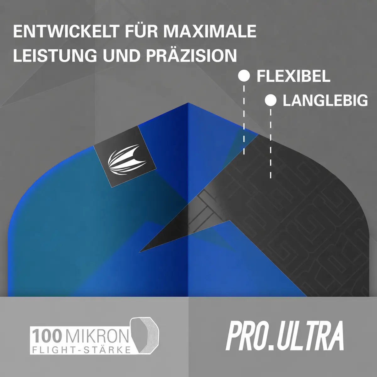Werbegrafik der Target TAG Flights No2 blau mit Pro Ultra Material, 100 Mikron Flight-Stärke, flexibel und langlebig