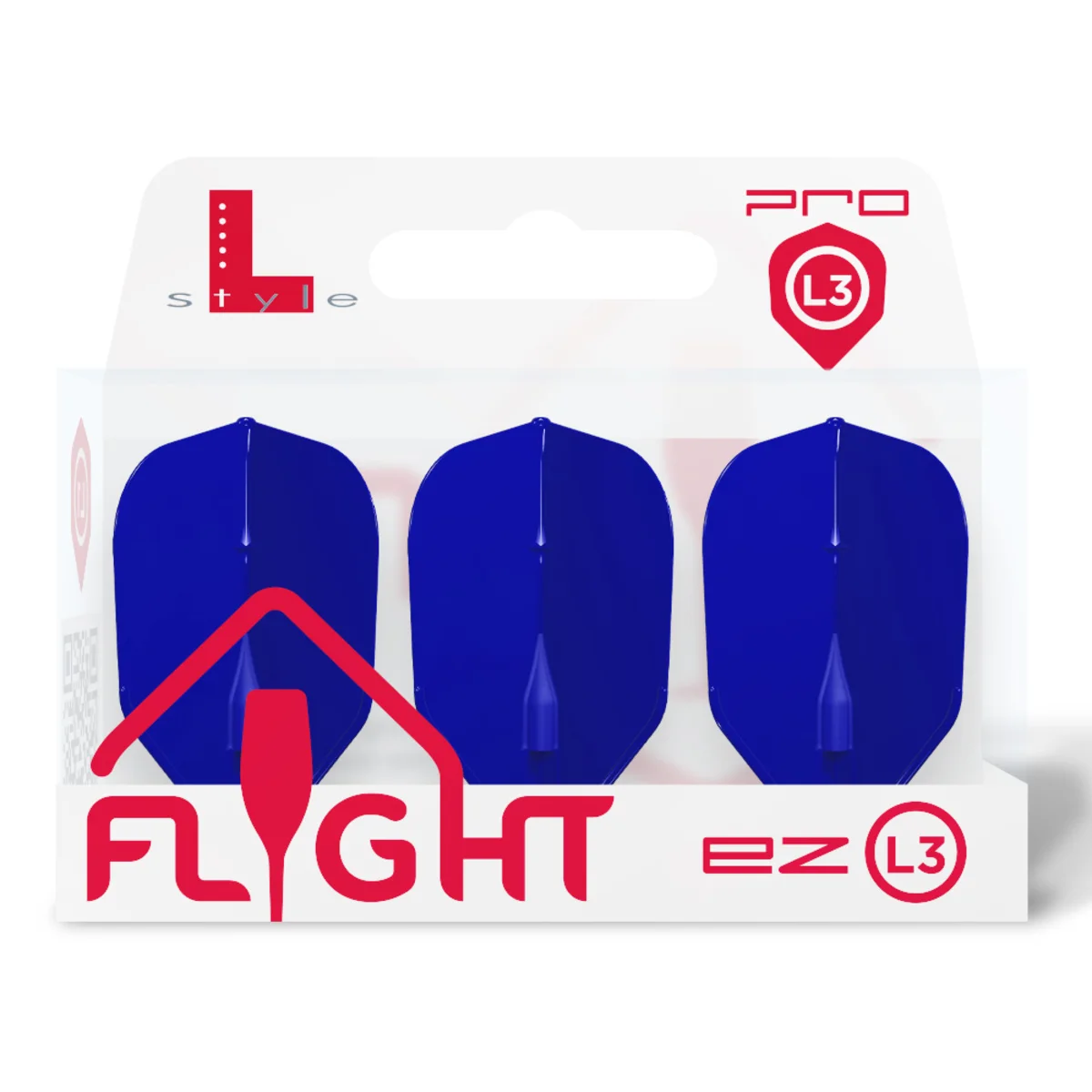 Originale Verkaufsverpackung der L-Style EZ L3 Shape Flights in Blau. Ein Satz enthält drei Stück der aerodynamischen Profi-Flights aus Japan.