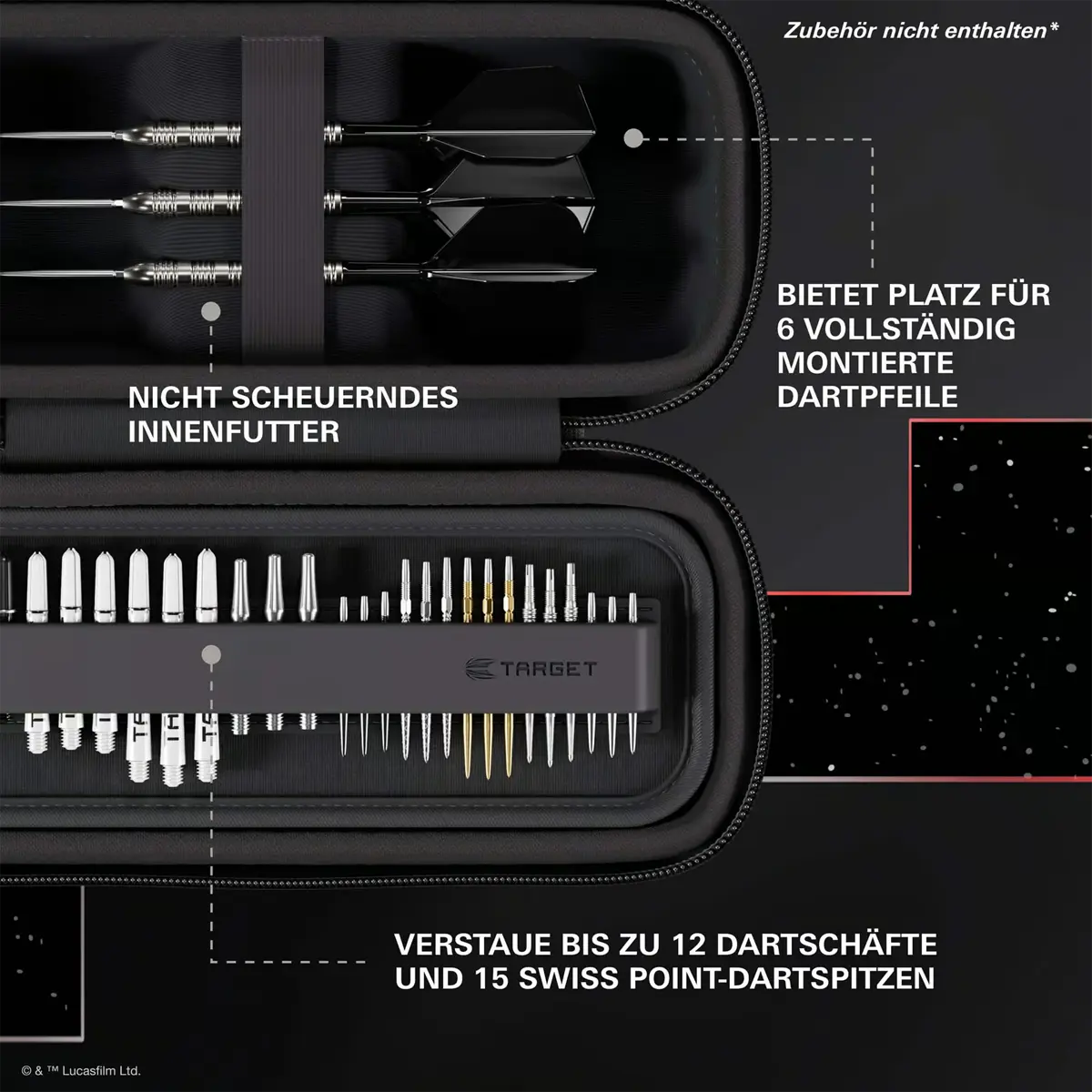 Innenansicht der Target Star Wars Darth Maul Darttasche mit Platz für 6 montierte Darts, 12 Schäfte und 15 Spitzen.