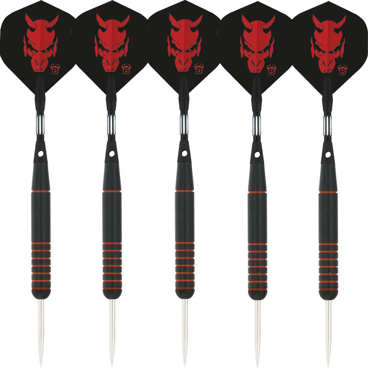 Sechs Bull’s Thriller Steeldarts in Schwarz-Rot mit Ringed Grip und roten Flights im Set