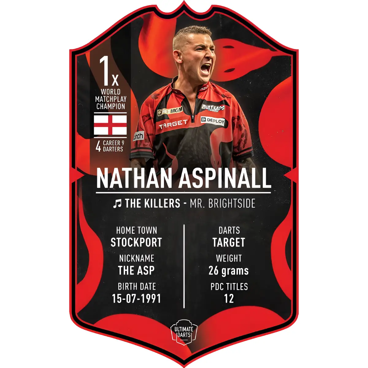 Ultimate Darts Card von :contentReference[oaicite:0]{index=0} – The Asp Sammlerstück mit Spielerprofil, Matchplay-Titel und Karrieredaten