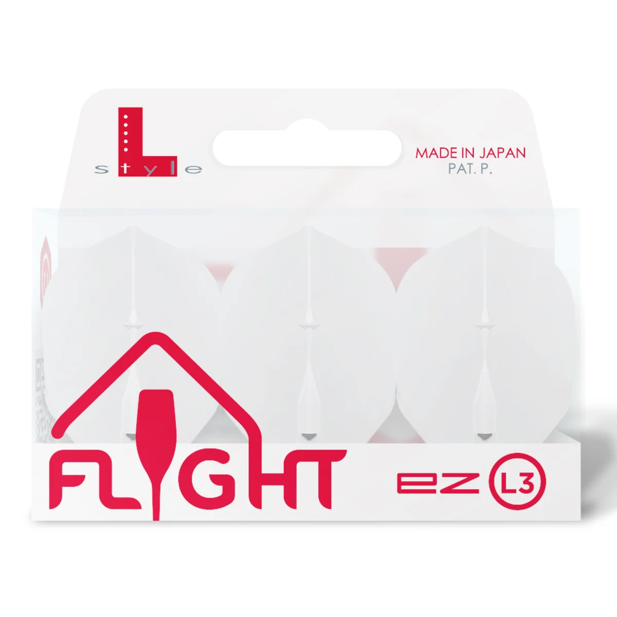 3er Set der L-Style EZ L3 Shape Flights in Weiß in der Originalverpackung. Das perfekte Zubehör für ein minimalistisches und helles Dart-Setup.