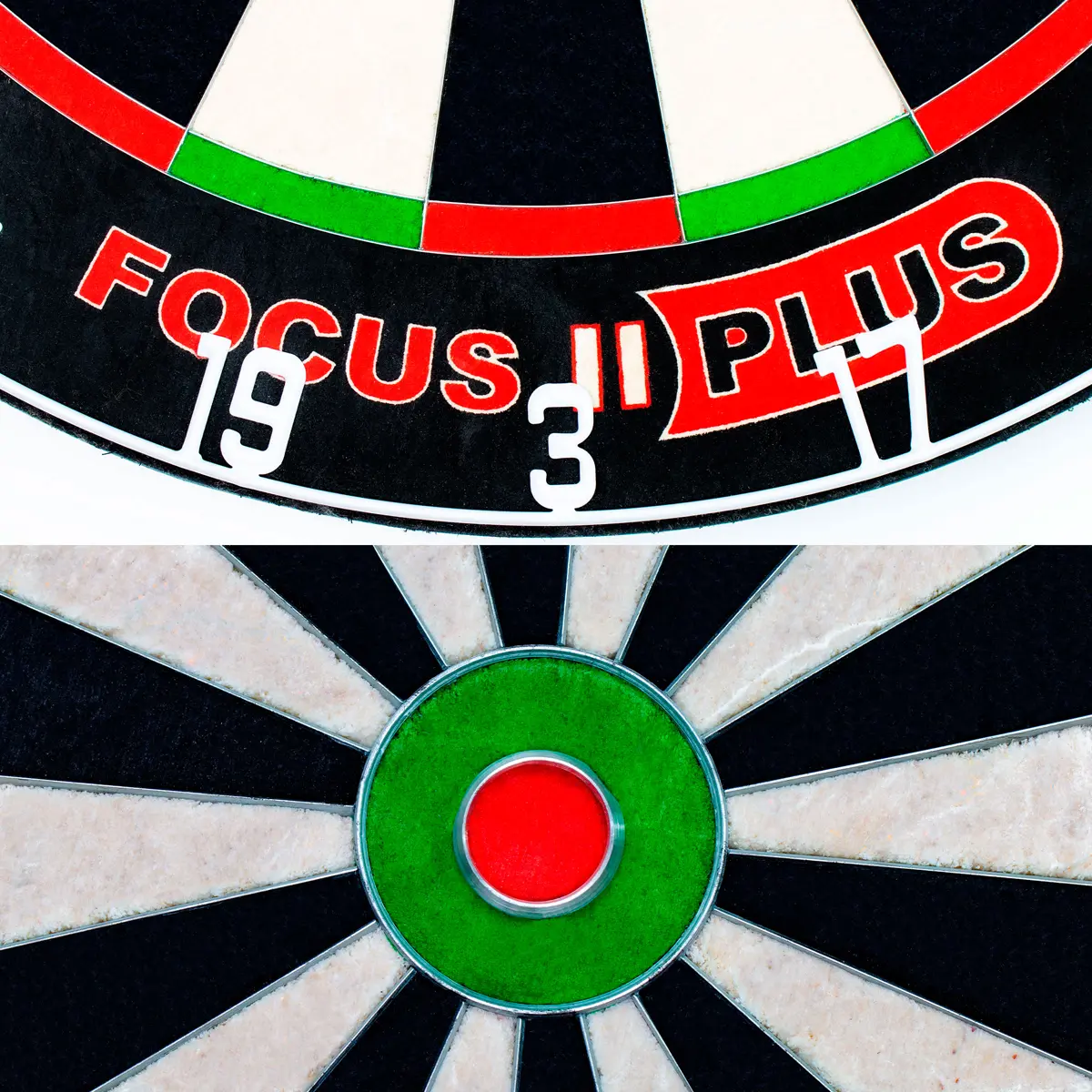 Bull’s Focus II Plus Dartboard – Detailaufnahme von Segment und Bullseye Nahaufnahme der Bull’s Focus II Plus Dartscheibe mit Bullseye und Beschriftung