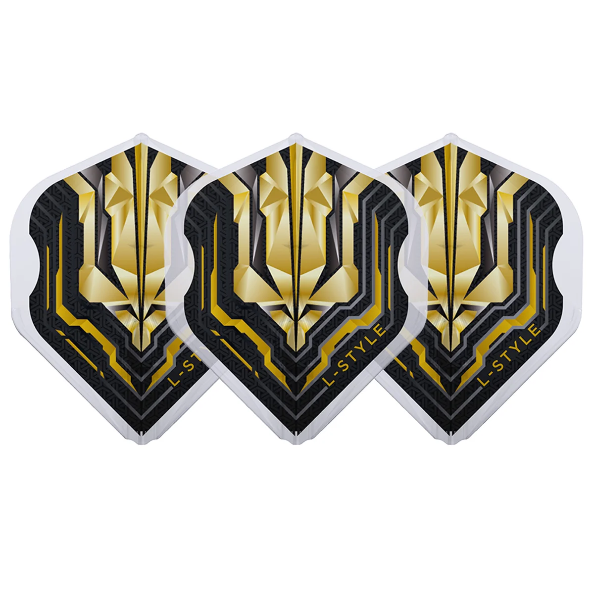 Drei L-Style Origin EZ L1 Dart Flights in Gold und Schwarz in der L1 Standard Form; zeigt den stabilen 90-Grad-Winkel und das futuristische Origin-Design.