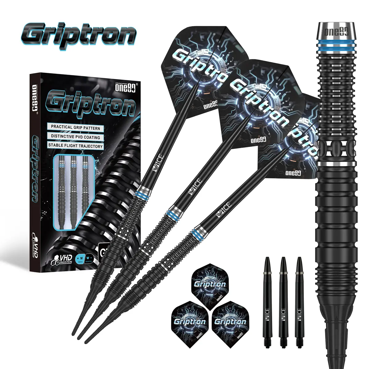 One80 Griptron GT2 Softdarts mit schwarzem Tungsten Barrel und Griptron Flights