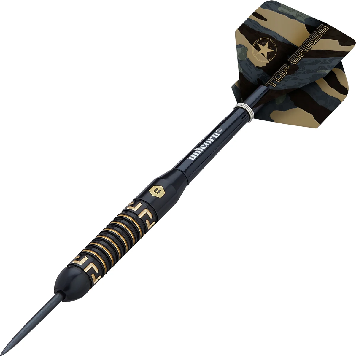 Unicorn Top Brass 1 Steeldarts 20g in dynamischer Perspektive mit schwarzem Finish und goldenen Linien