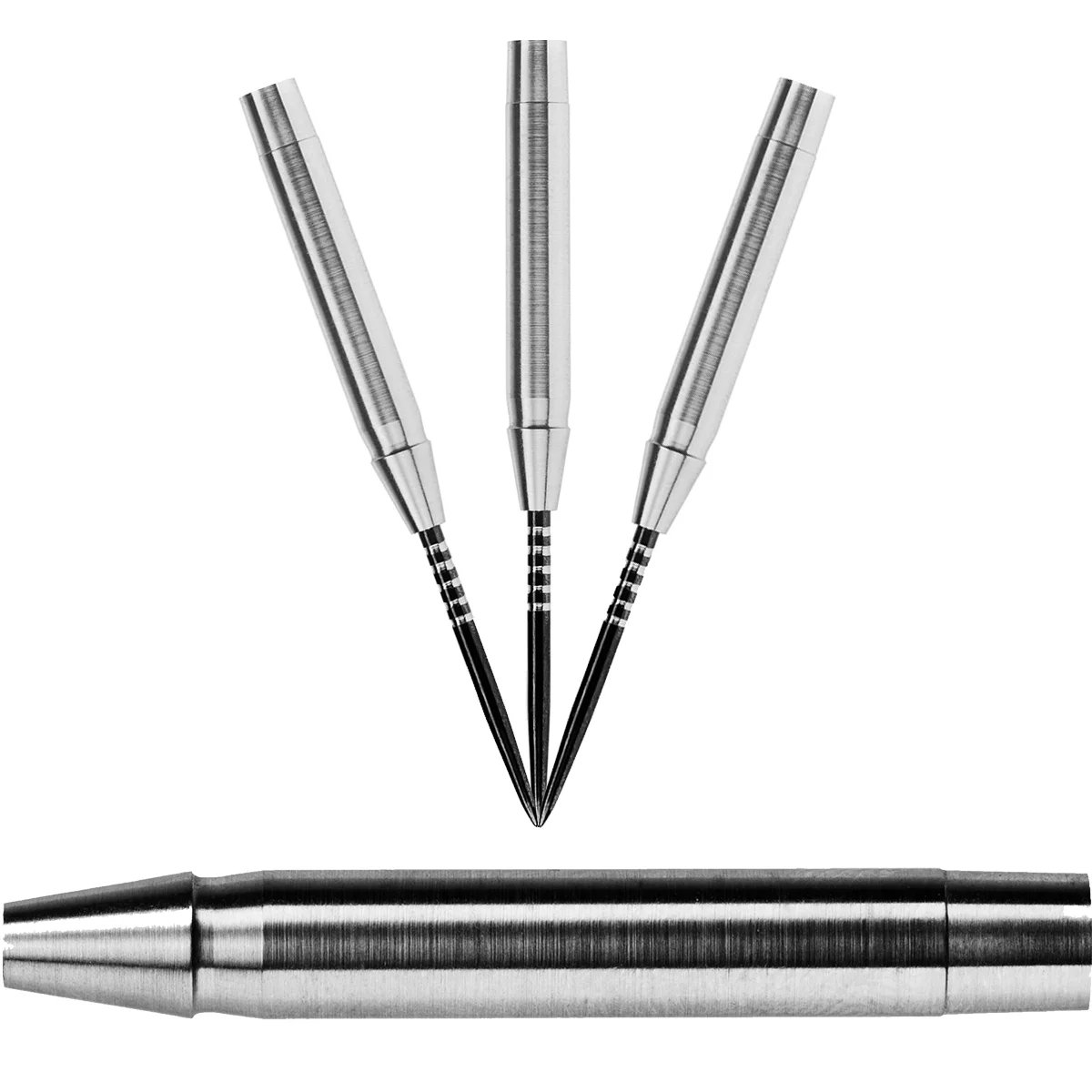Karella Profi Line PL-09 Steeldart Barrels 21 g mit komplett glatter Oberfläche – Produktfoto mit drei montierten Darts und großer Barrel-Nahaufnahme.