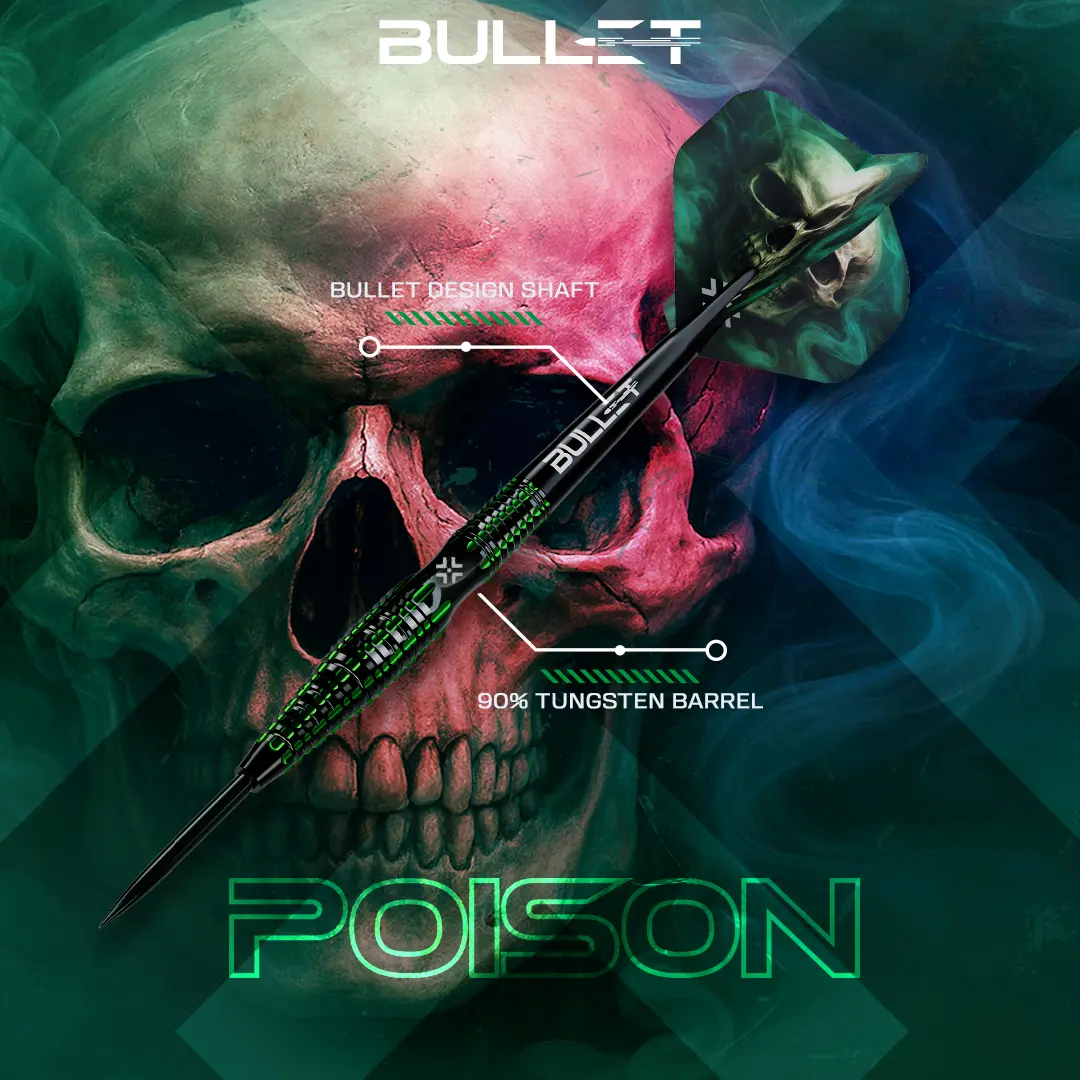 Bullet Poison Steeldarts mit 90 % Tungsten Barrel und aggressivem Gripdesign