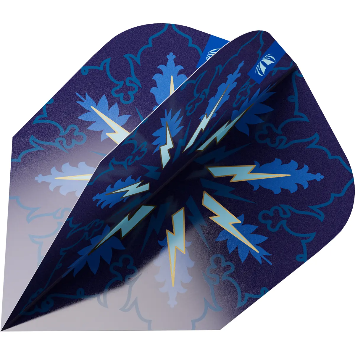 Target Phil Taylor Power Gx2 No6 Flights – dynamische Detailansicht (100 Micron) Target ProUltra Phil Taylor Power Gx2 No6 Flights – Detailansicht in Perspektive, blaues Lightning-Bolt-Design, 100 Micron