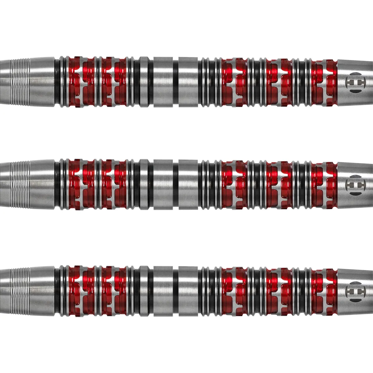 Harrows Damon Heta Series 3 Softdart Barrels – Detailaufnahme Doppelringgrip Rot Silber