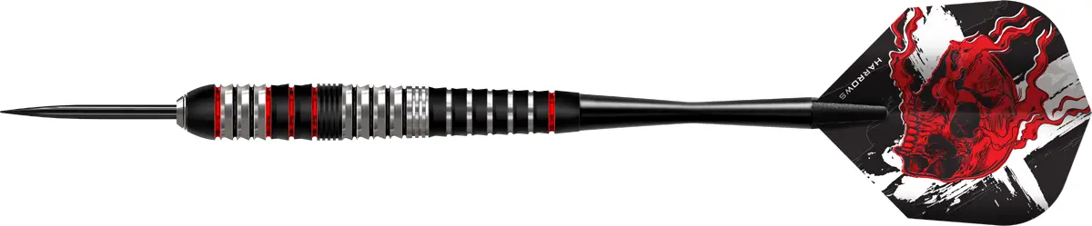 Harrows Heavy Metal Steeldarts Seitenansicht – konisches Barrel mit abwechselnd silbernen und schwarzen Gripzonen, rote Akzente
