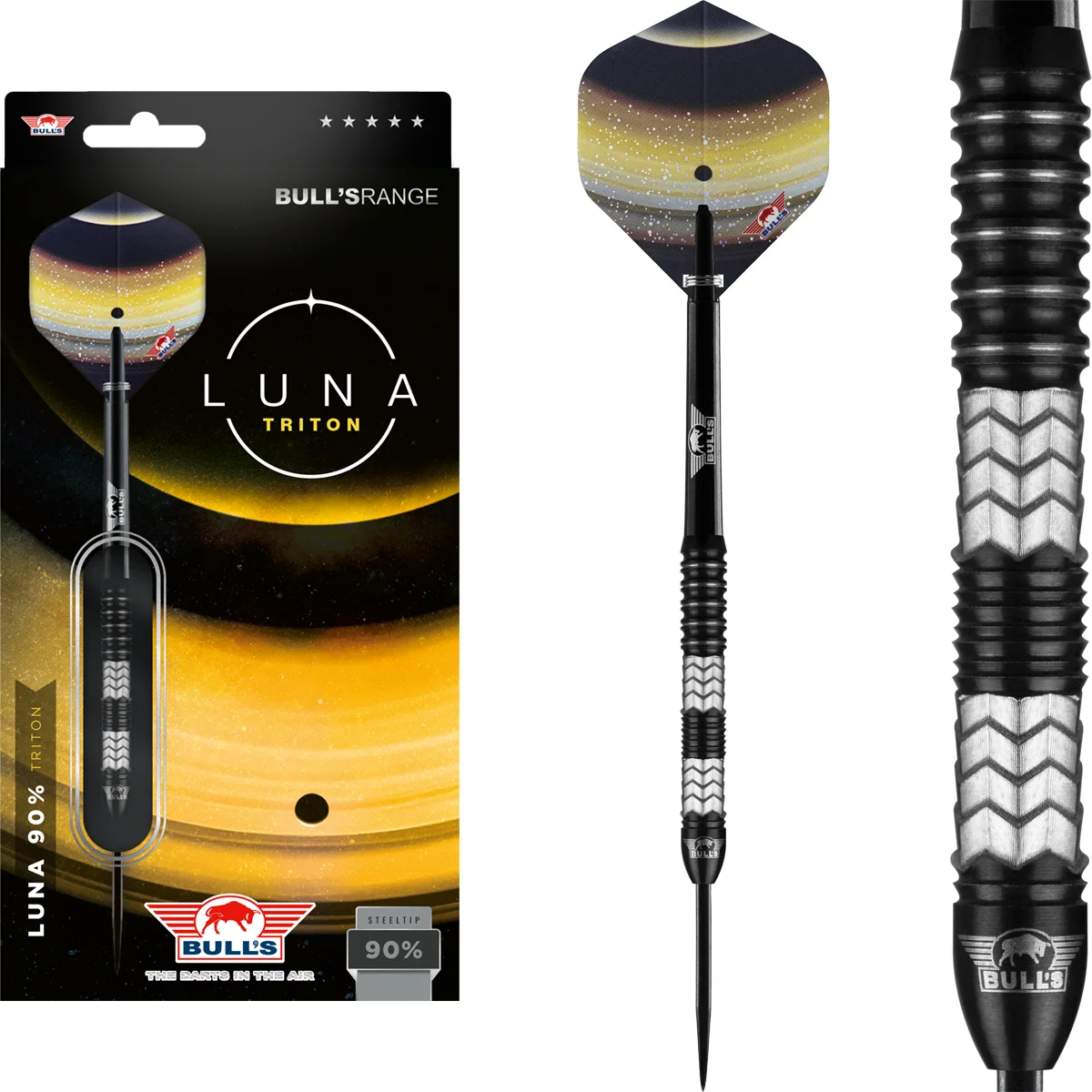Bull’s NL Luna Triton Steeldarts Komplettset mit 90 % Tungsten, durchgehendem Multi-Grip, Flights und schwarzen Shafts
