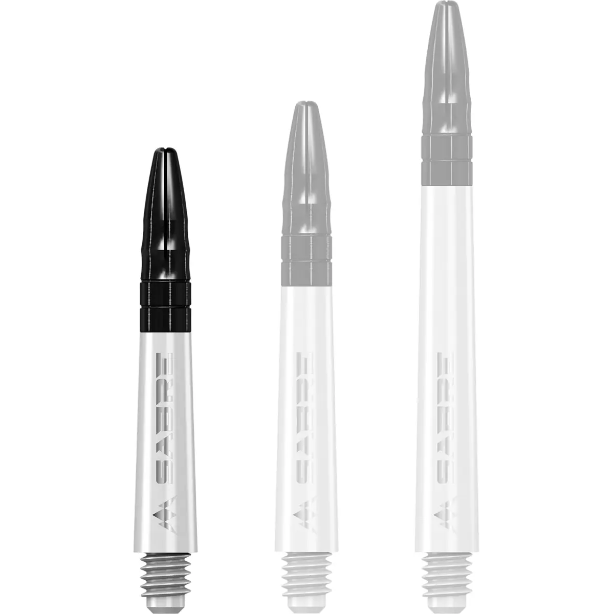 Mission Sabre Dart-Schaft in Weiß-Schwarz, Größe Short. Kurzer Hybrid-Shaft mit schwarzem Top für optimale Flugstabilität.