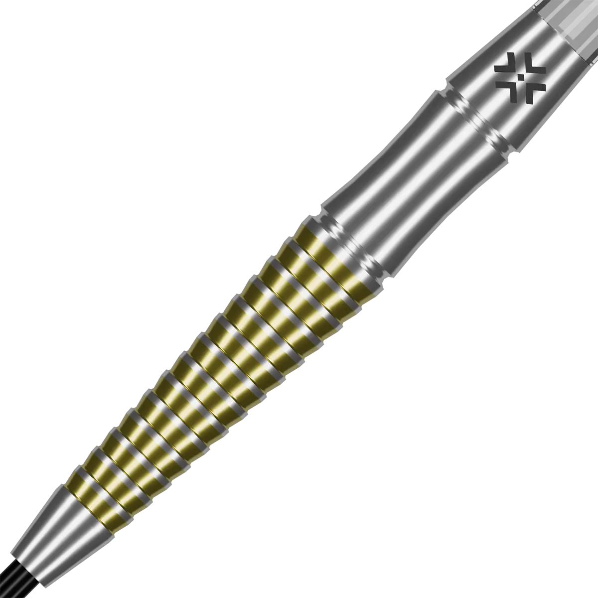 Detailaufnahme des Bullet Fang Steeldart-Barrels mit gold-silbernem Ringgrip