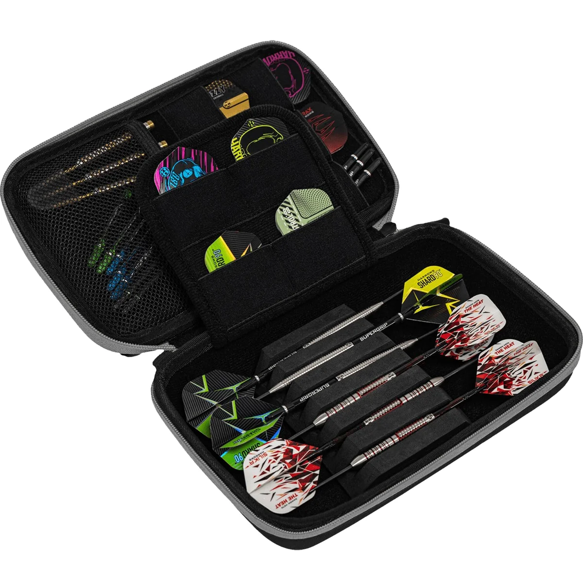 Geöffnetes Harrows Smart Case XL Grau mit Platz für zwei montierte Dartsets und Zubehör