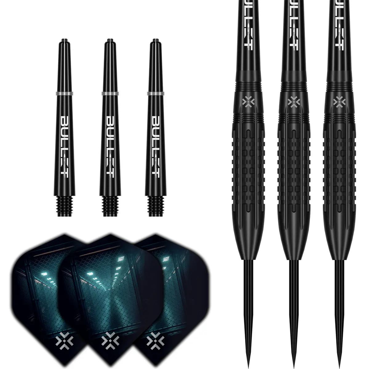 Bullet Cage Steeldarts Set mit Flights, Shafts und komplett montierten Darts