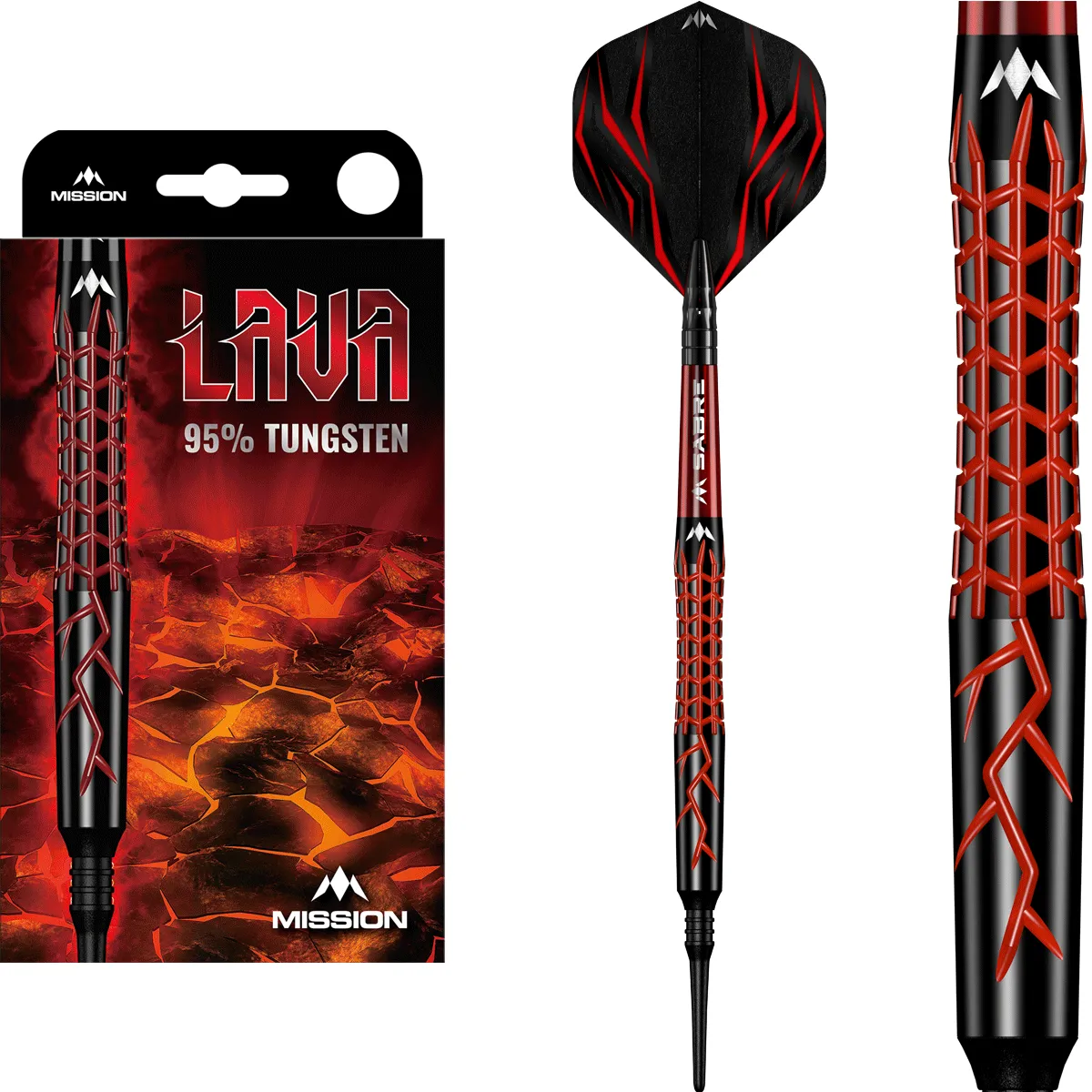 Mission Lava Softdarts 19g Komplettset mit 95 % Tungsten Barrel, roten Mission Sabre Shafts und No2 Flights