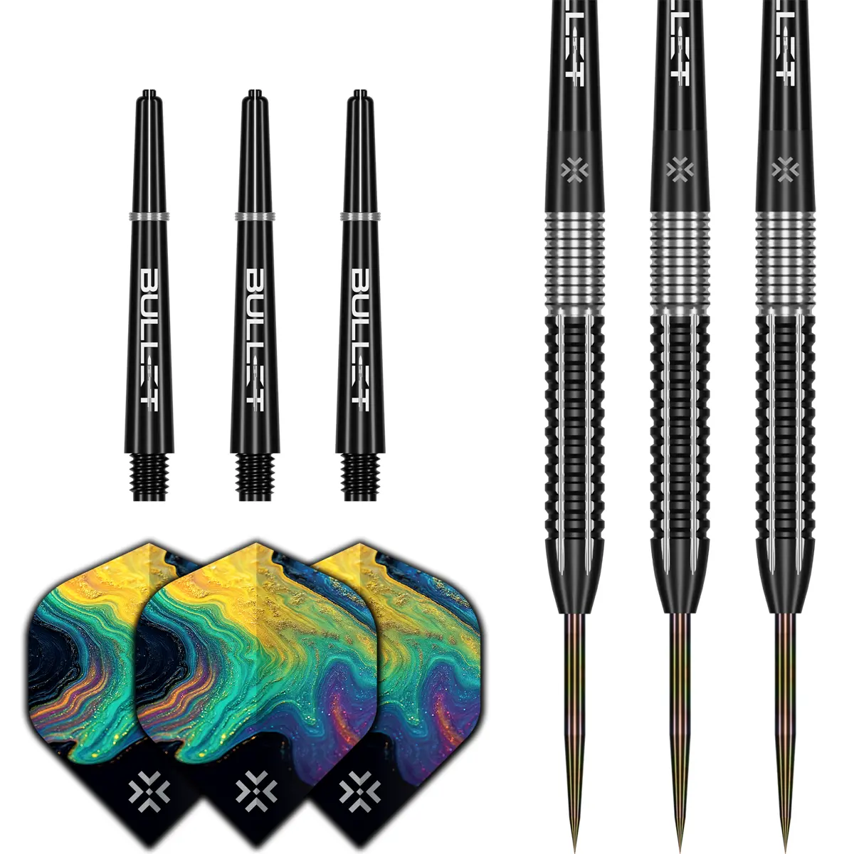 Bullet Diesel Steeldarts Set inklusive Flights, Shafts und Barrel in Schwarz-Silber