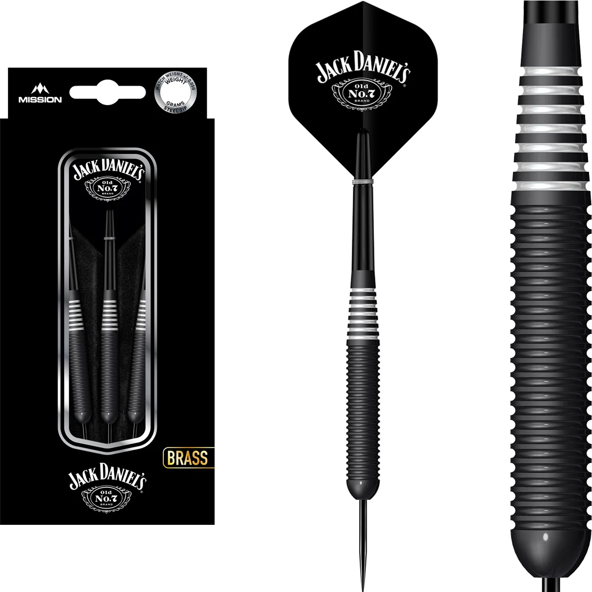 Jack Daniels Brass Steeldarts 22g Komplettset mit Barrels, Shafts und Flights von Mission