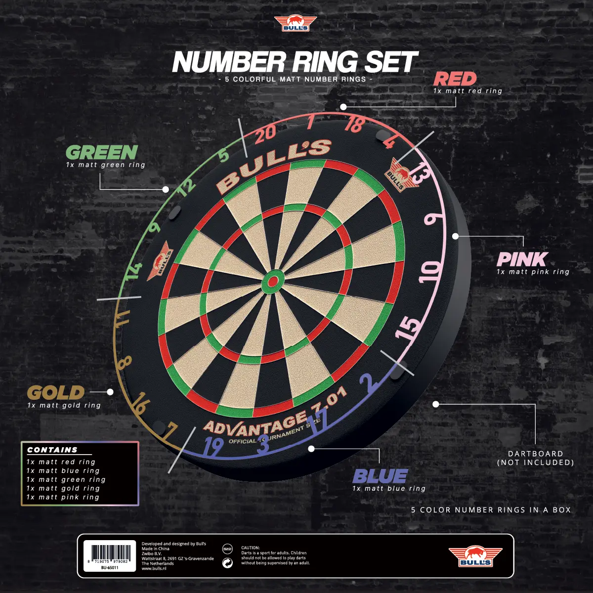 Bull's NL Colorful Number Ring Set in Verpackung mit Dartboard-Hinweis