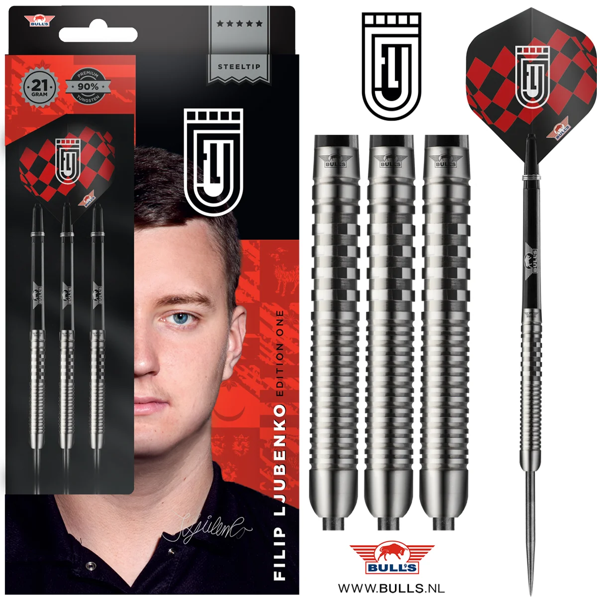 Lieferumfang Bull's NL Filip Ljubenko Steeldarts mit Shafts und Spielerflights