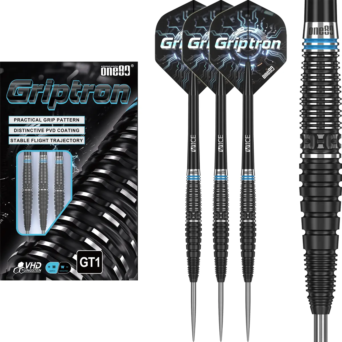 One80 Griptron GT1 Steeldarts Set mit Verpackung, 3 Darts und Barrel-Detailansicht