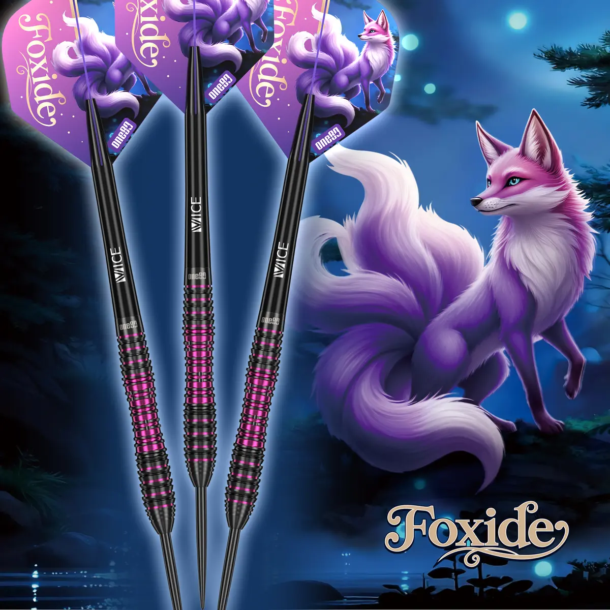 One80 Foxide F3 Steeldarts mit pink-schwarzem Ringed- und Sharkgrip vor mystischem Foxide-Motiv