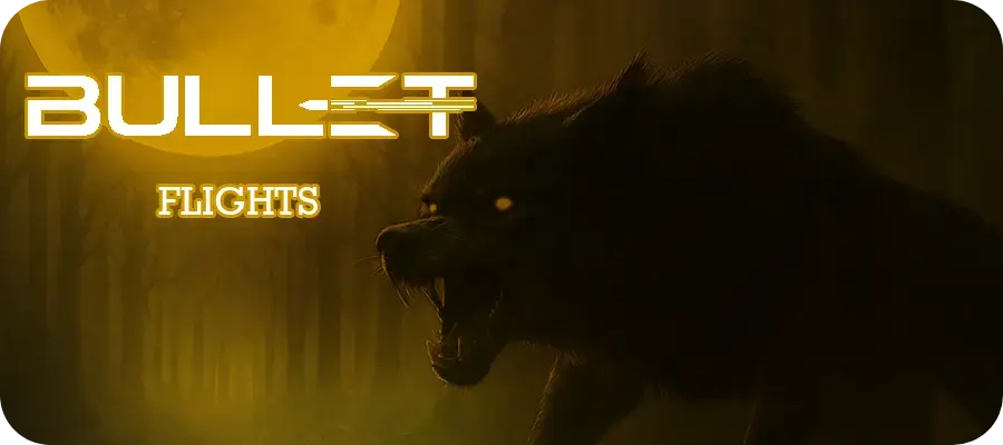 Bullet Flights Banner mit Werwolf-Silhouette im Wald und großer gelber Mond im Hintergrund
