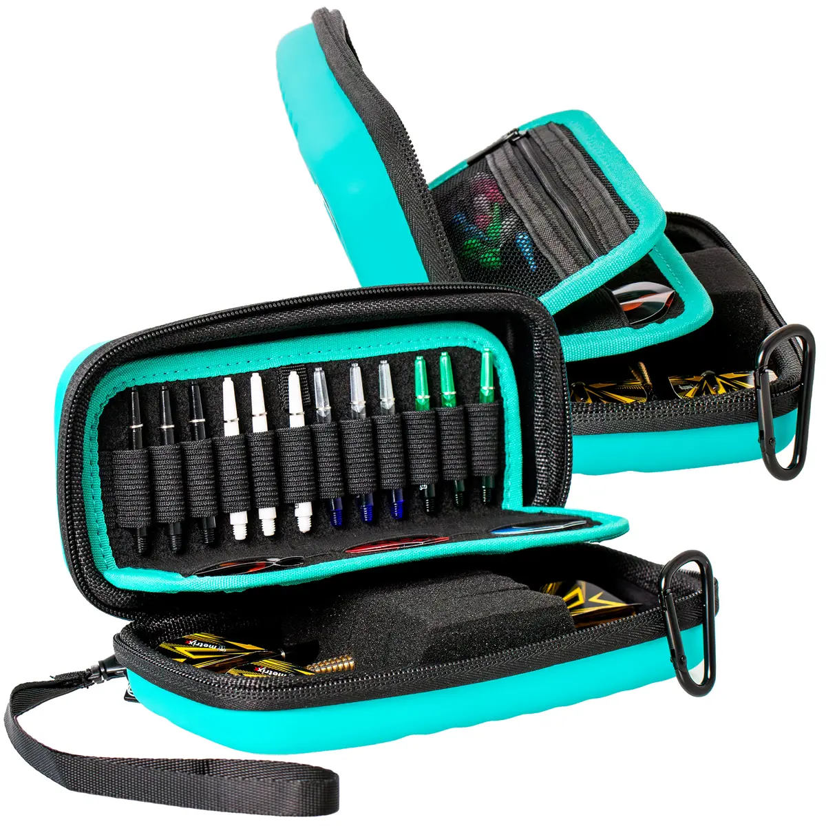 Innenansicht der mintfarbenen Orbis S Darttasche – separates Zubehörfach mit Netz