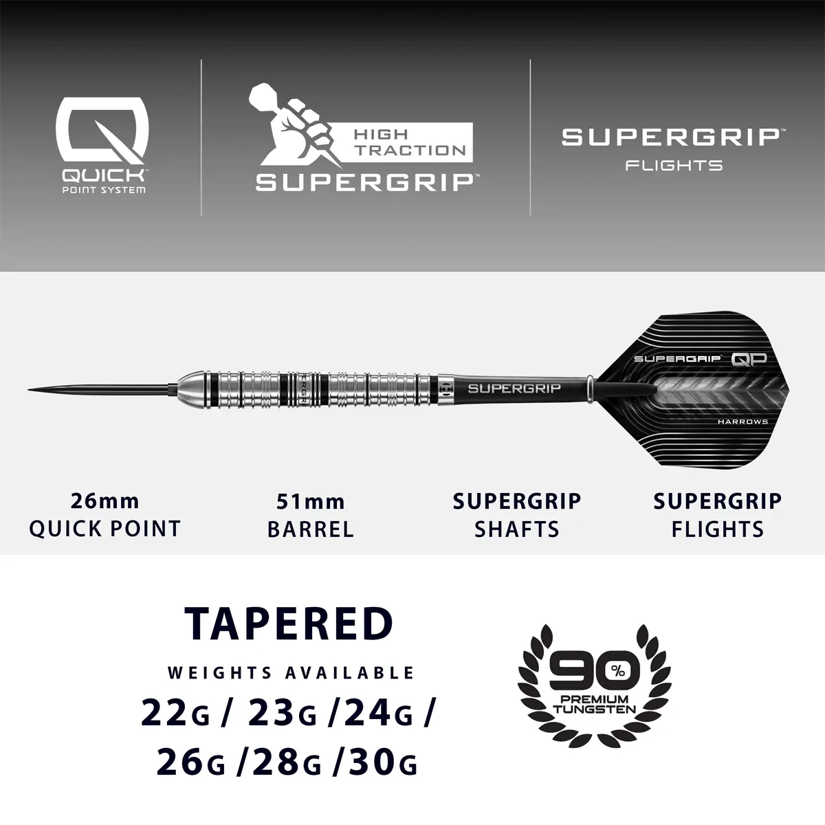 Harrows Supergrip Quick Point Steeldart mit 51 mm Barrel und 26 mm Spitze – Übersicht der technischen Daten