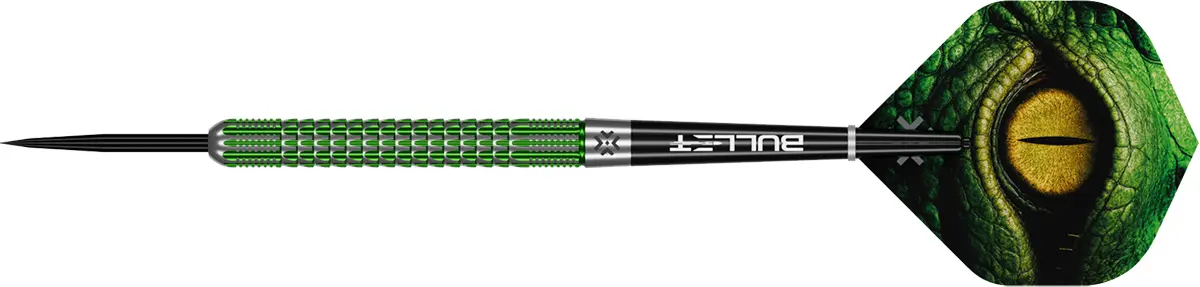 Bullet Gator Steeldart in kompletter Seitenansicht mit grünem Scale-Grip