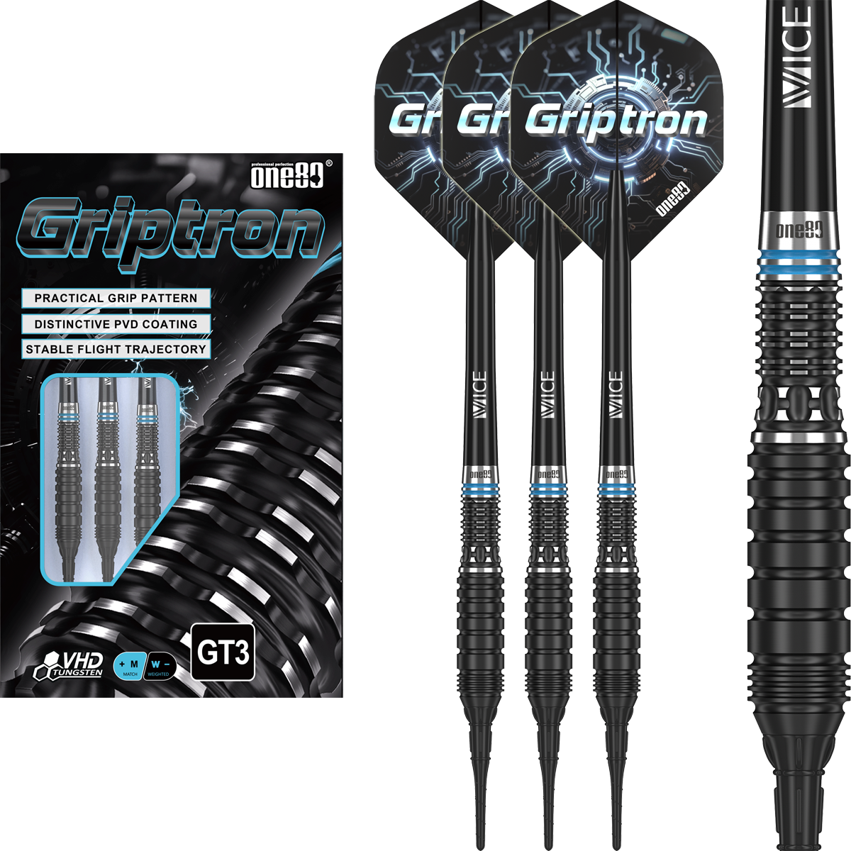One80 Griptron GT3 Softdarts Set mit 90 % Tungsten, kurzen Barrels, Griptron Flights, Vice Shafts und Lippoint Spitzen