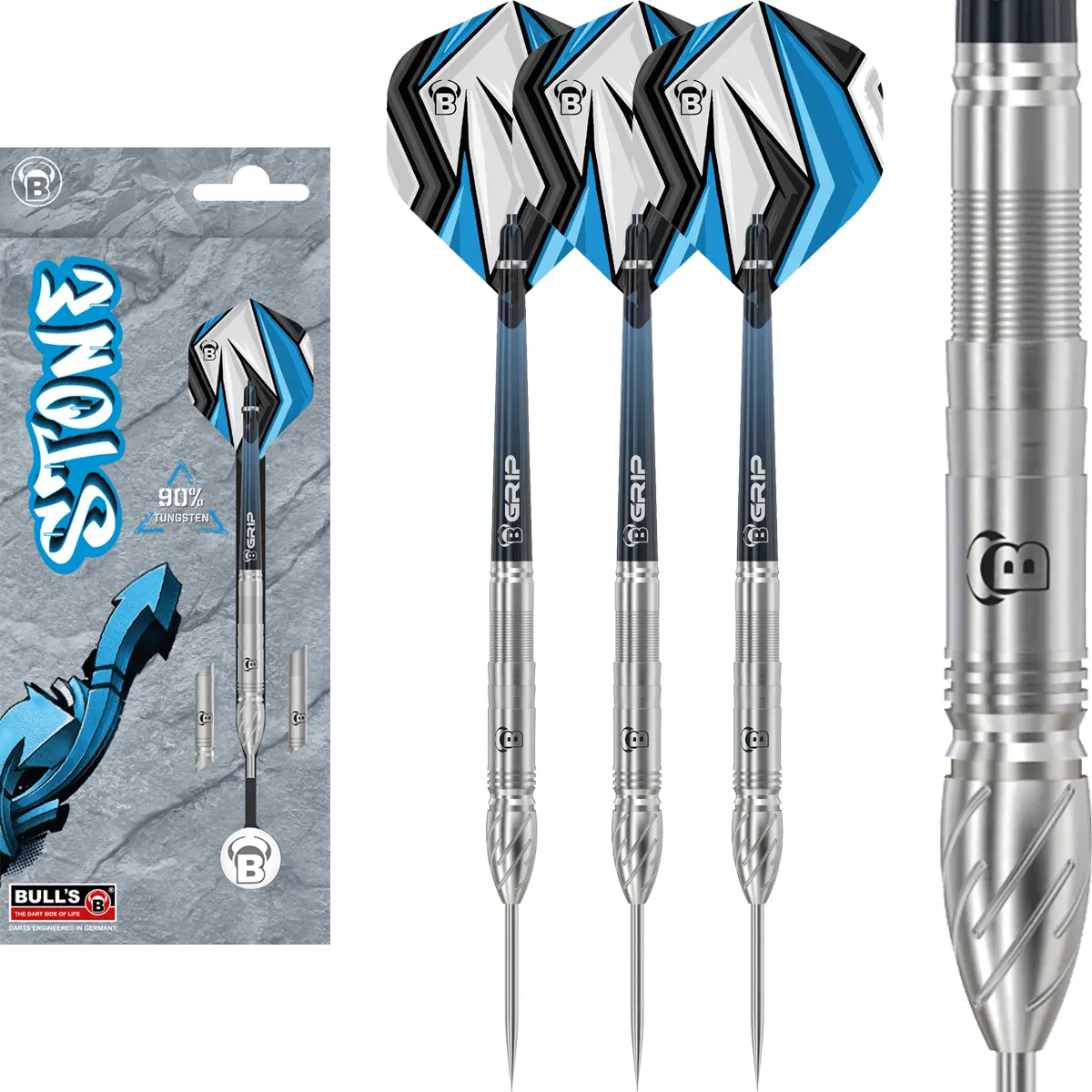 Bull's Stone S1 – Steeldart-Set mit starker Gripstruktur Bull's Stone S1 Steeldarts im Set mit Verpackung – 90 % Tungsten