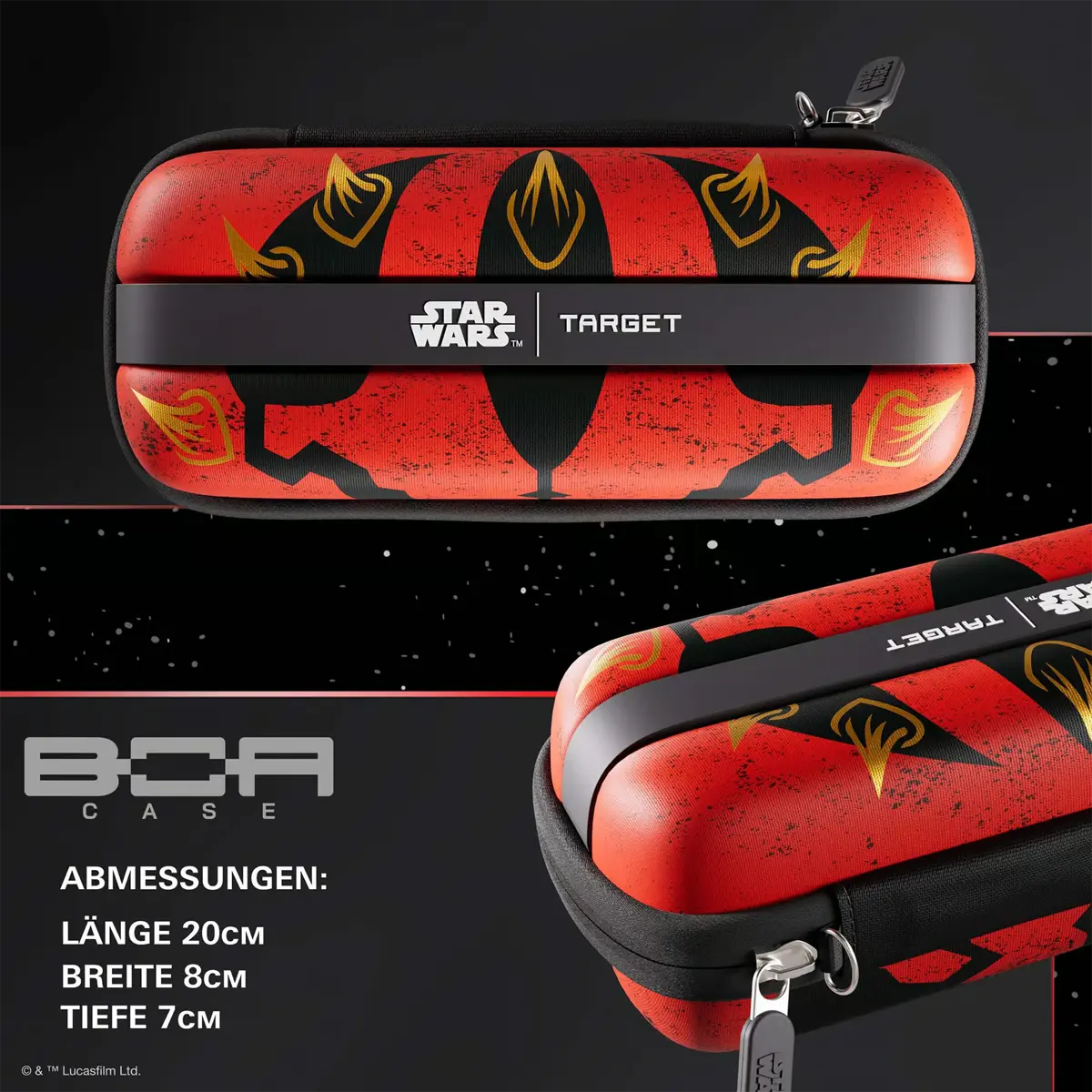 Abmessungen der Darth Maul Boa Darttasche von Target: 20cm Länge, 8cm Breite und 7cm Tiefe.