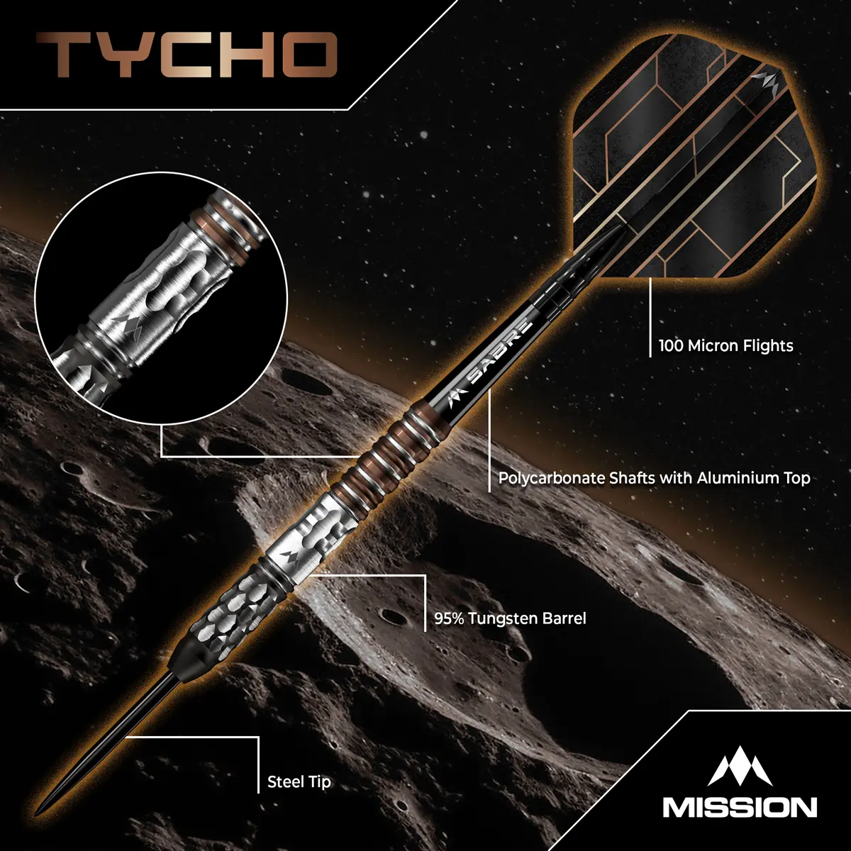 Mission Tycho Steeldarts 95 % Tungsten mit Bronze-Schwarz-Design und markanter Lochgrip-Struktur